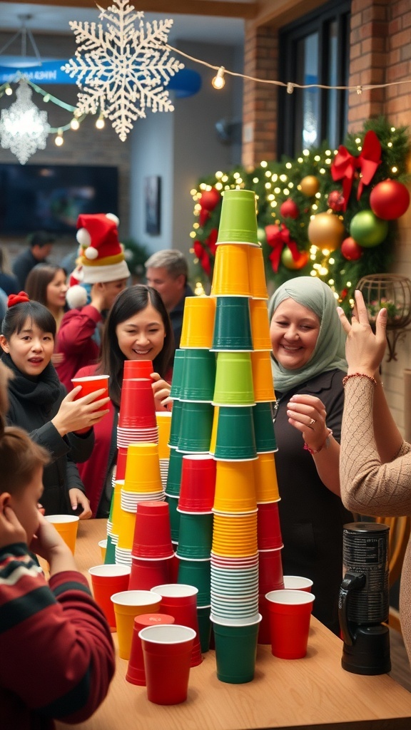 Festive Christmas Cup Games Participants enjoying Christmas cup games with colorful cups and festive decorations.